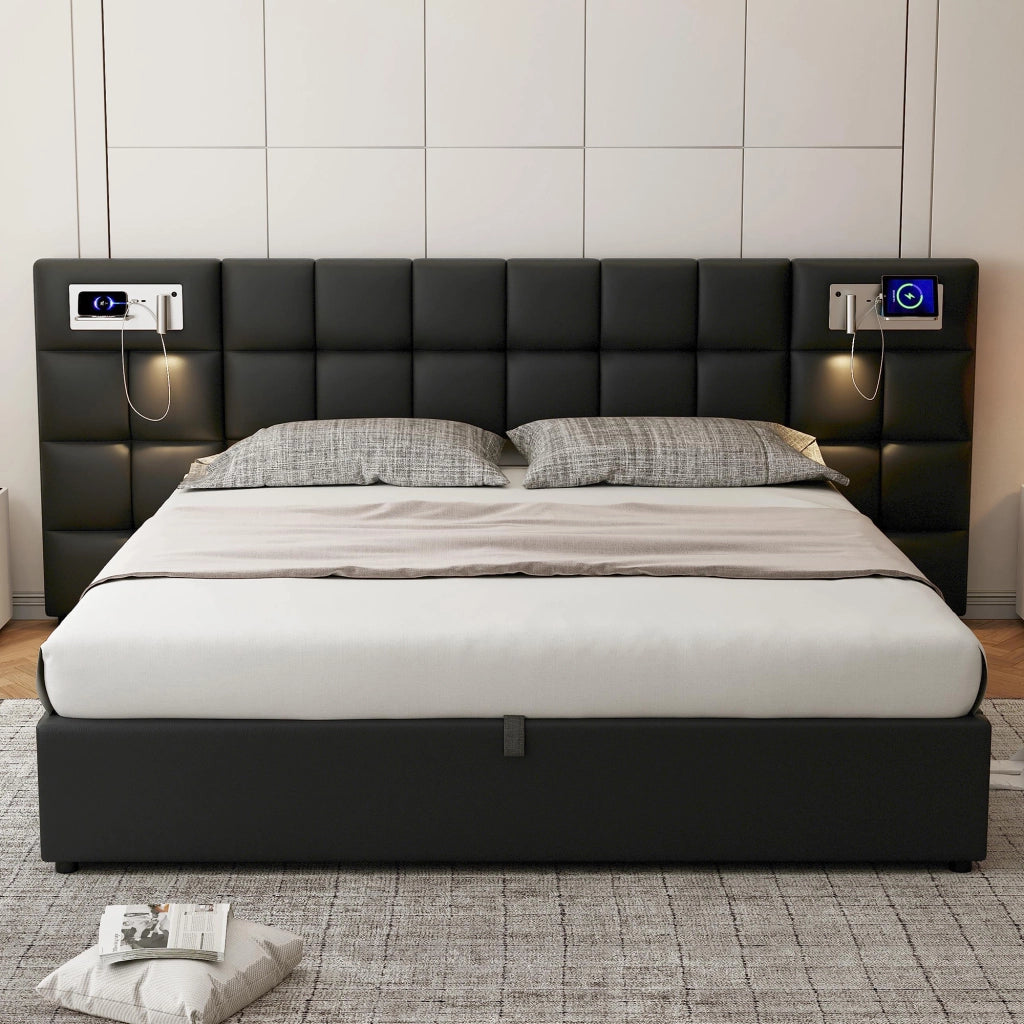 Letti contenitori 180x200 cm; sollevabile idraulico con USB e ricarica wireless; PU nero (Senza materasso)