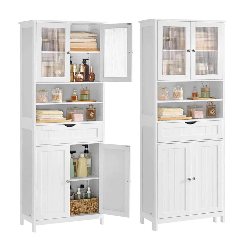 Mobiletto da bagno con illuminazione 30 x 60 x 170 cm con ripiani regolabili cassetto e vani a giorno per bagno soggiorno o sala da pranzo bianco 12_0008023