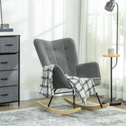 Poltrona a dondolo con rivestimento effetto velluto, braccioli, base in legno, Grigio scuro
