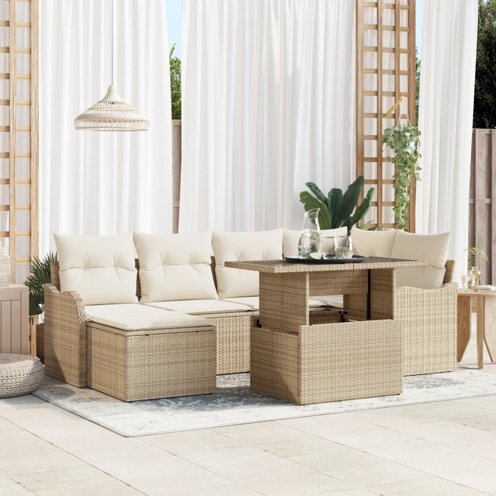 Set di Divani da Giardino  in 7 Pezzi con Cuscini in Polyrattan Beige