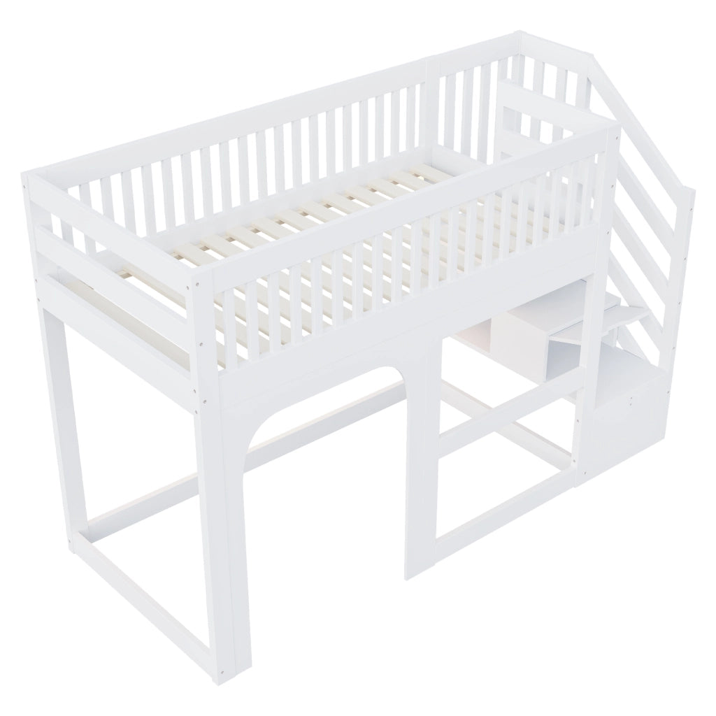Letto a soppalco 90 x 200 cm, con ripiano portaoggetti, illuminazione a LED, sponde di sicurezza, letto per bambini, bianco