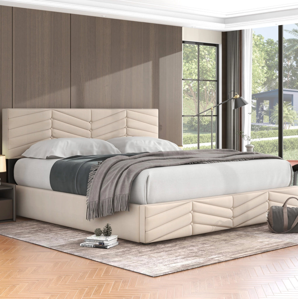 Letto matrimoniale imbottito 160x200 cm in velluto beige con testiera regolabile e contenitore