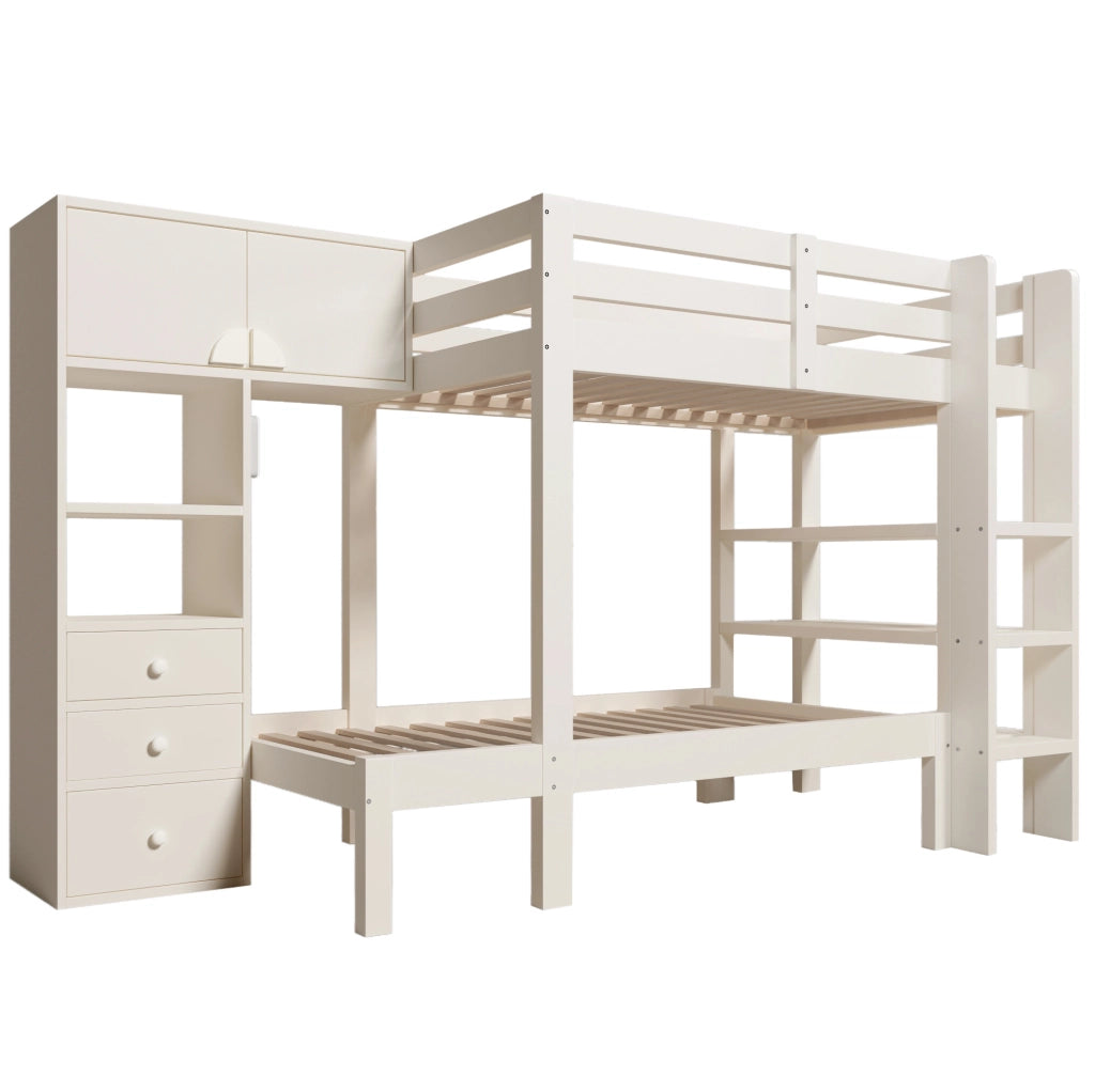 Letto a castello sfalsato 90x200 cm con luce LED e sensore di movimento; armadio; cassetti e scaffali; bianco