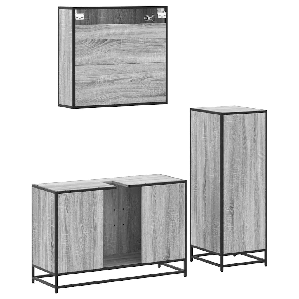 Set Mobili da Bagno 3 pz Grigio Sonoma in Legno Multistrato