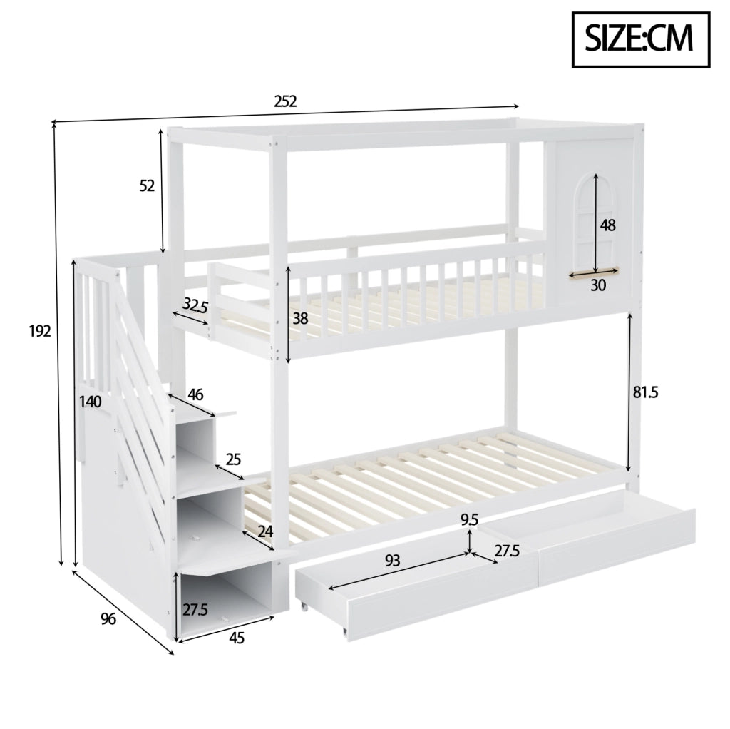 Letto a castello 90x200 cm con scala di sicurezza e cassetti in legno bianco