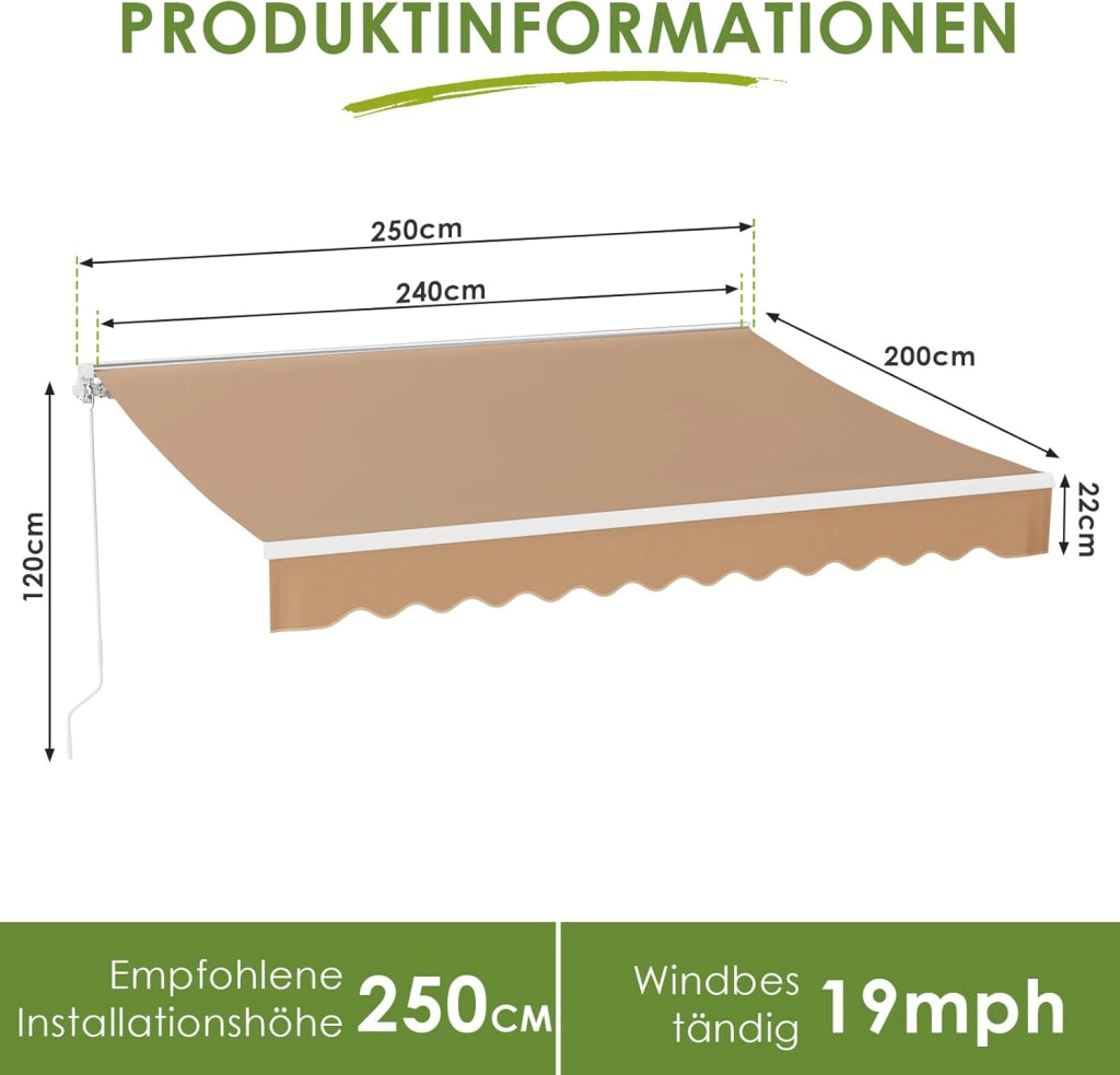 Tenda a bracci snodati 250 x 200 cm, UPF 50+ impermeabile, manovella & supporto a parete, Regolazione angolare 52-75°, Terrazzo & Balcone, Beige