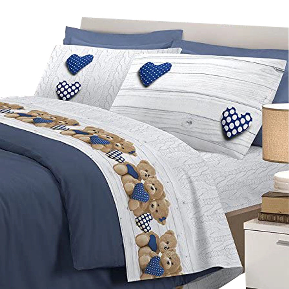 Completo letto lenzuola orsetti con stampa fotografica 100% cotone made in italy Blu - 1 Piazza e mezza