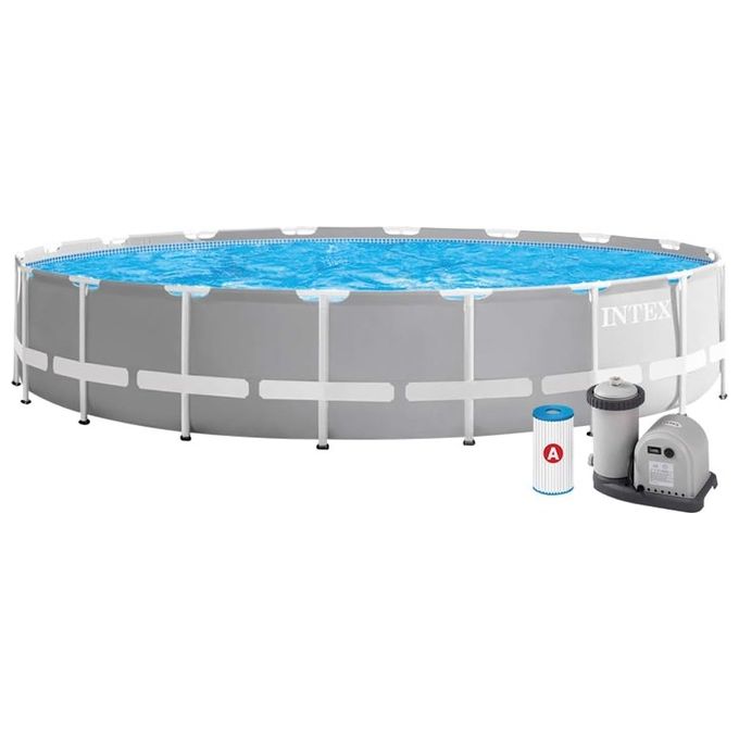 Intex 26756NP Piscina Fuori Terra Prisma Frame Rotonda Pompa Filtro 5678 L-h Scaletta Telo Base e Copertura 32695 L Acciaio e PVC Grigio 610x132 cm 610cm x132cm Con Pompa Filtro