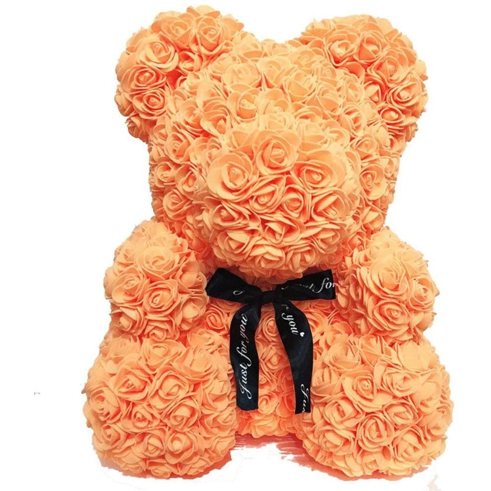 Trade Shop - Orsacchiotto Di Rose Con Fiori Artificiali Da 40cm In Scatola Confezione Regalo - Arancione