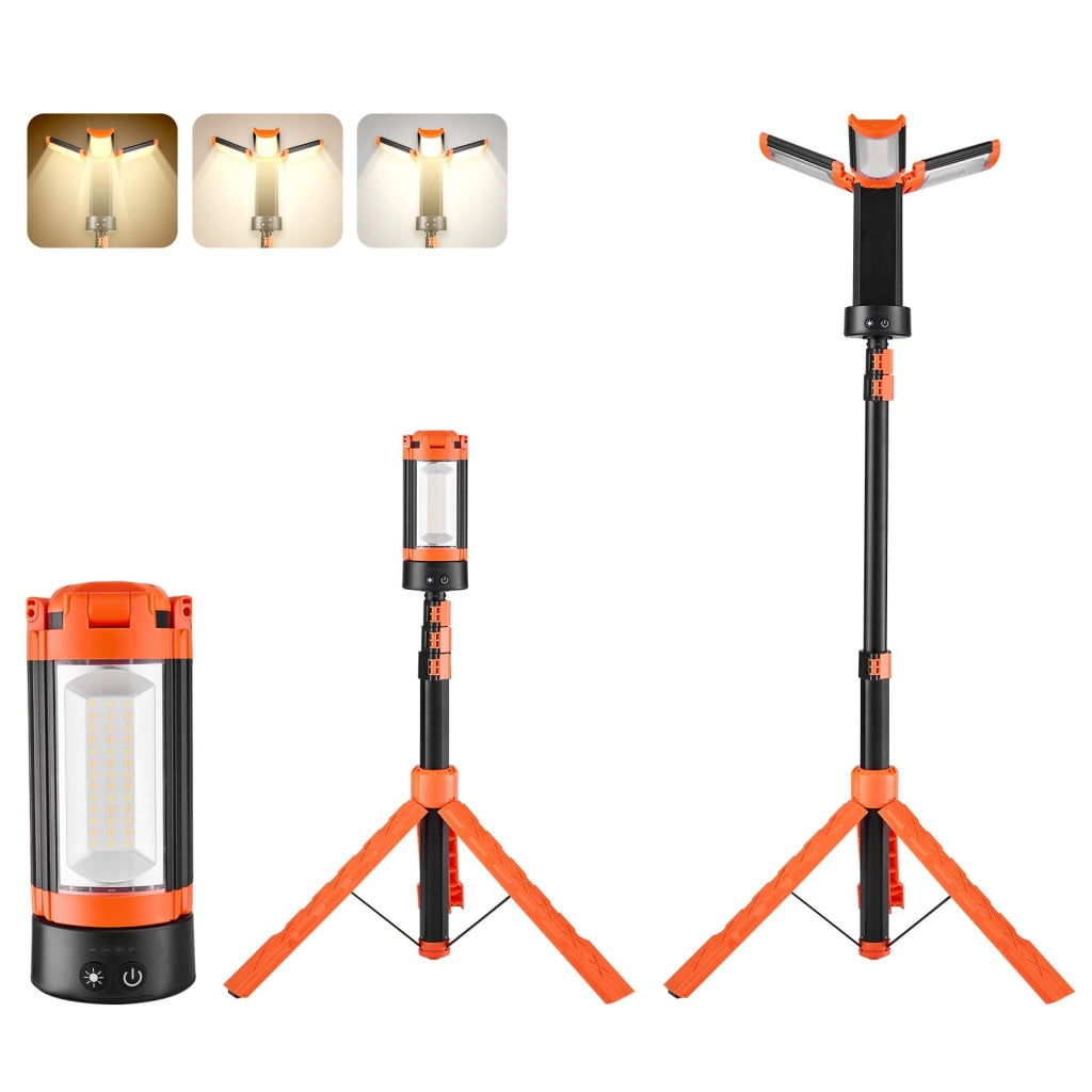 Lampada da Lavoro LED Ricaricabile 10 Ah 20W 2200lm con Treppiede Staccabile a 3 Teste Dimmerabile per Cantieri e Fai da Te