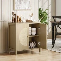Credenza da Cucina con 2 Porte in Rattan, Scaffale Regolabile e 2 Maniglie 75x38x77 cm Legno Naturale