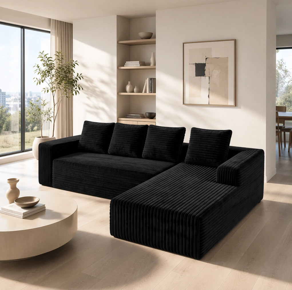 Divano componibile a L con chaise longue reversibile; 2 elementi; velluto a coste nero