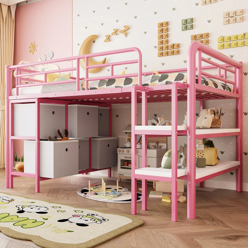 Letto a soppalco basso per bambini 90x200 cm in metallo e MDF rosa con scale larghe, cassetti e ripiani