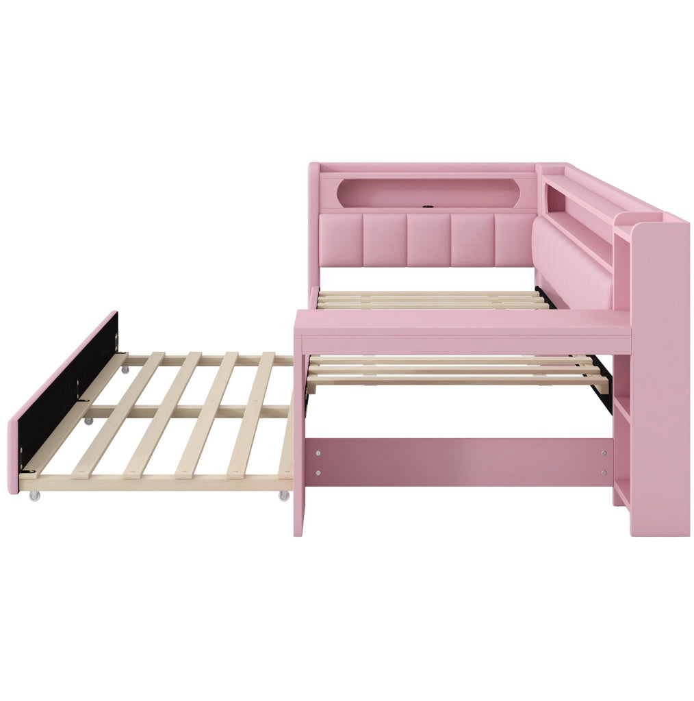 Letto a giorno 90x200 cm con letto estraibile; scrivania e LED in MDF; compensato; imbottito rosa