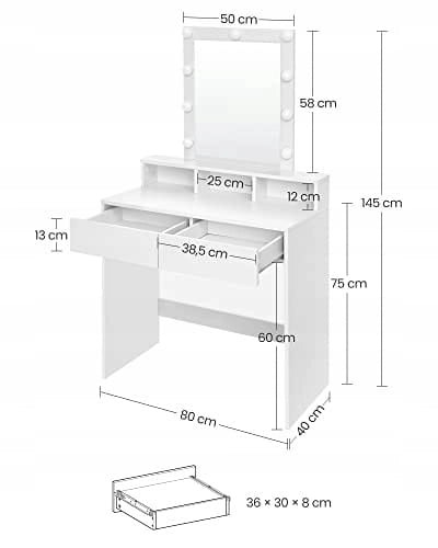 VALORA Toletta con specchio, bianco, stile scandinavo RDT114W01