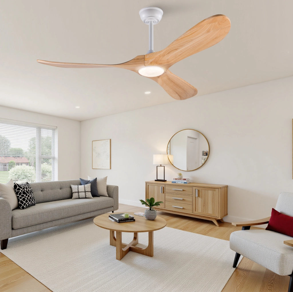 Ventilatore da soffitto 52 pollici con luce LED; 3 pale in legno massello; bianco e naturale