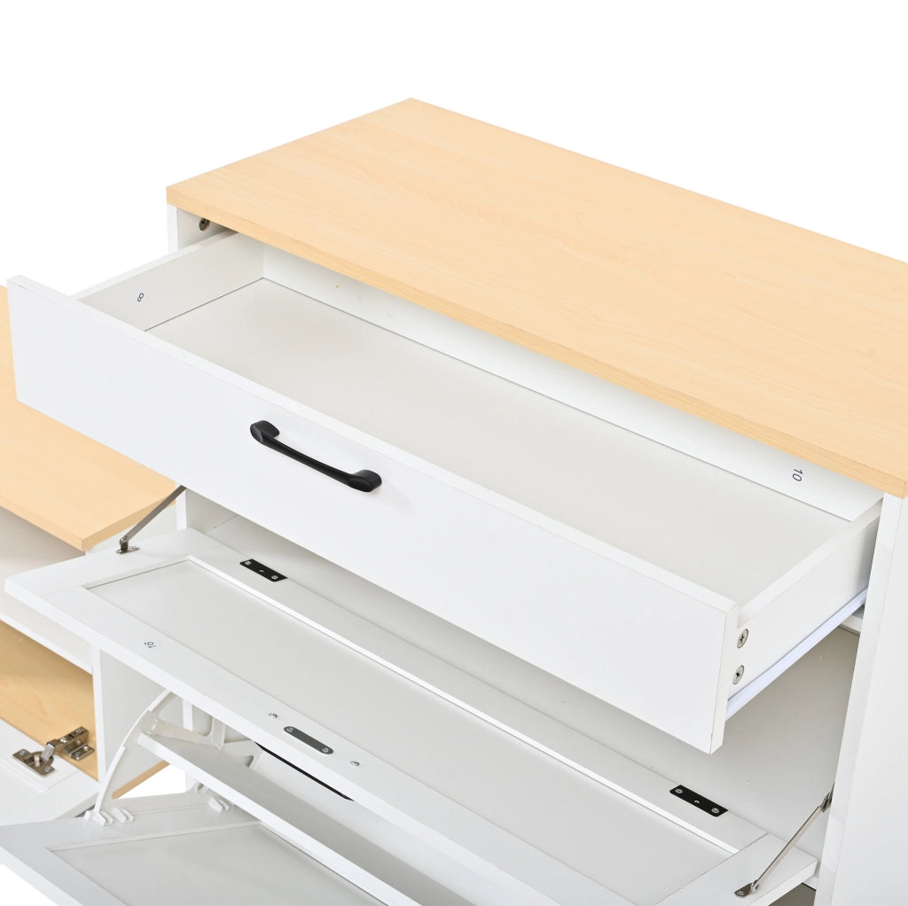 Set guardaroba 156x36x176 cm multifunzione con scarpiera pieghevole; MDF e truciolare; bianco e naturale