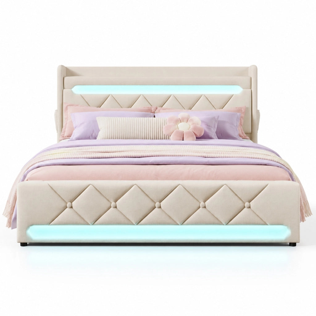 Letto matrimoniale 160x200 cm in lino beige con contenitore idraulico; LED 360掳; USB e Type-C
