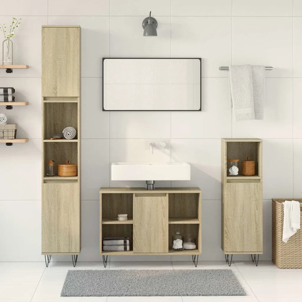 Set Mobili da Bagno | Armadio da bagno 3 pz Rovere Sonoma in Legno Multistrato