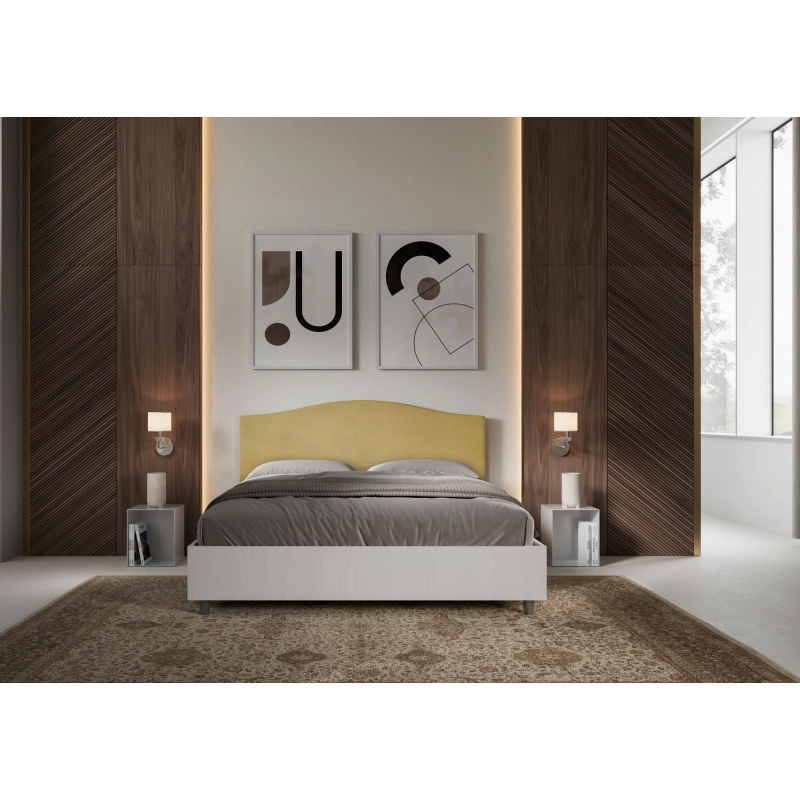 Letto Matrimoniale 160x200 cm struttura bianco frassino testata Grace - Contenitore,Microfibra,Ocra