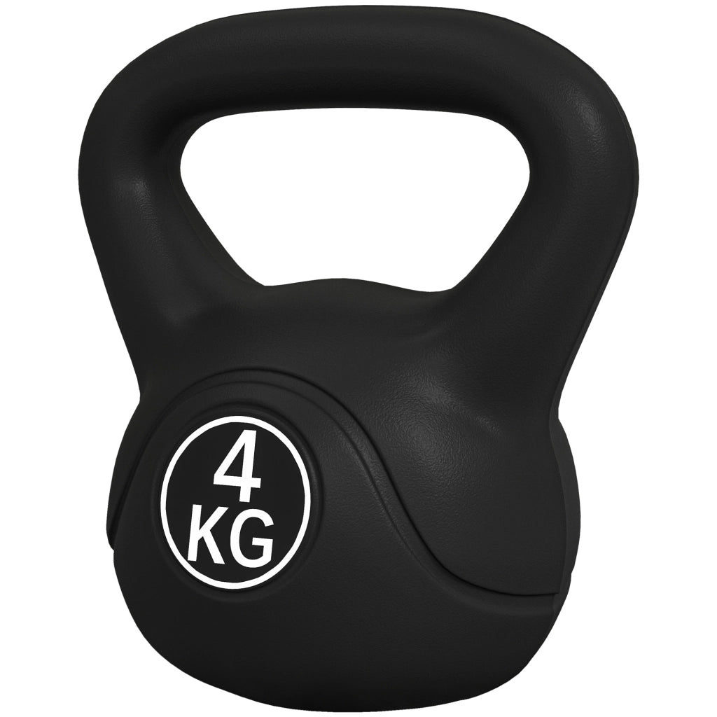 Kettlebell 4kg in Plastica e Sabbia con Base Piatta, Manubrio Ergonomico per Allenamento a Casa, 18x12x20 cm, Nero