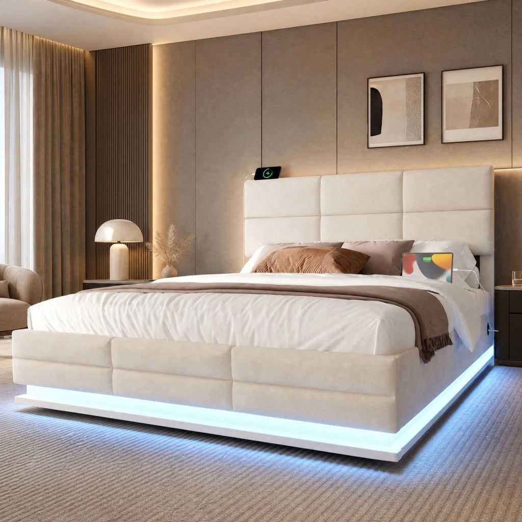LETTO 140x200 cm in velluto beige con testiera regolabile, LED, USB e vano contenitore