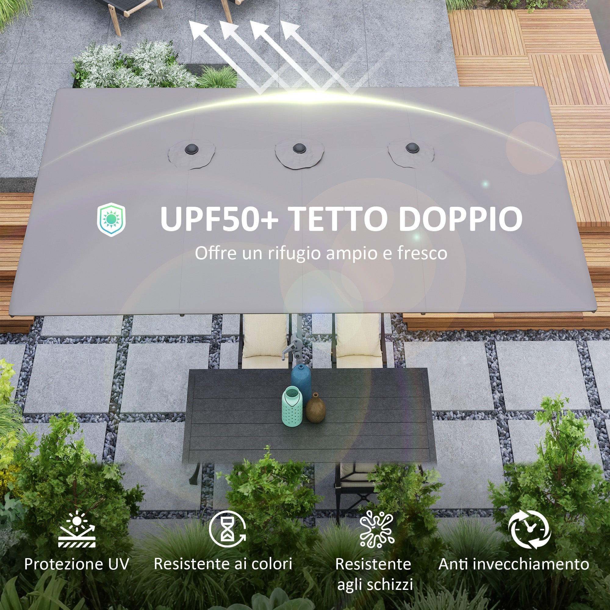 Ombrellone Doppio da Giardino 451x264x264 cm 12 Stecche con Apertura a Manovella Grigio