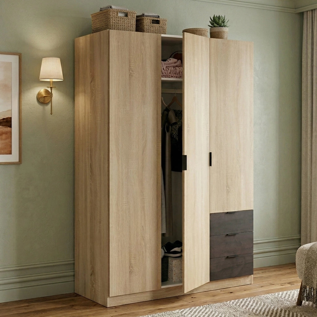 Guardaroba Apaches, Armadio per camera da letto a 3 ante e 3 cassetti, Mobile con barra appendiabiti e 3 ripiani cm 121x80h180, Rovere e Ossido