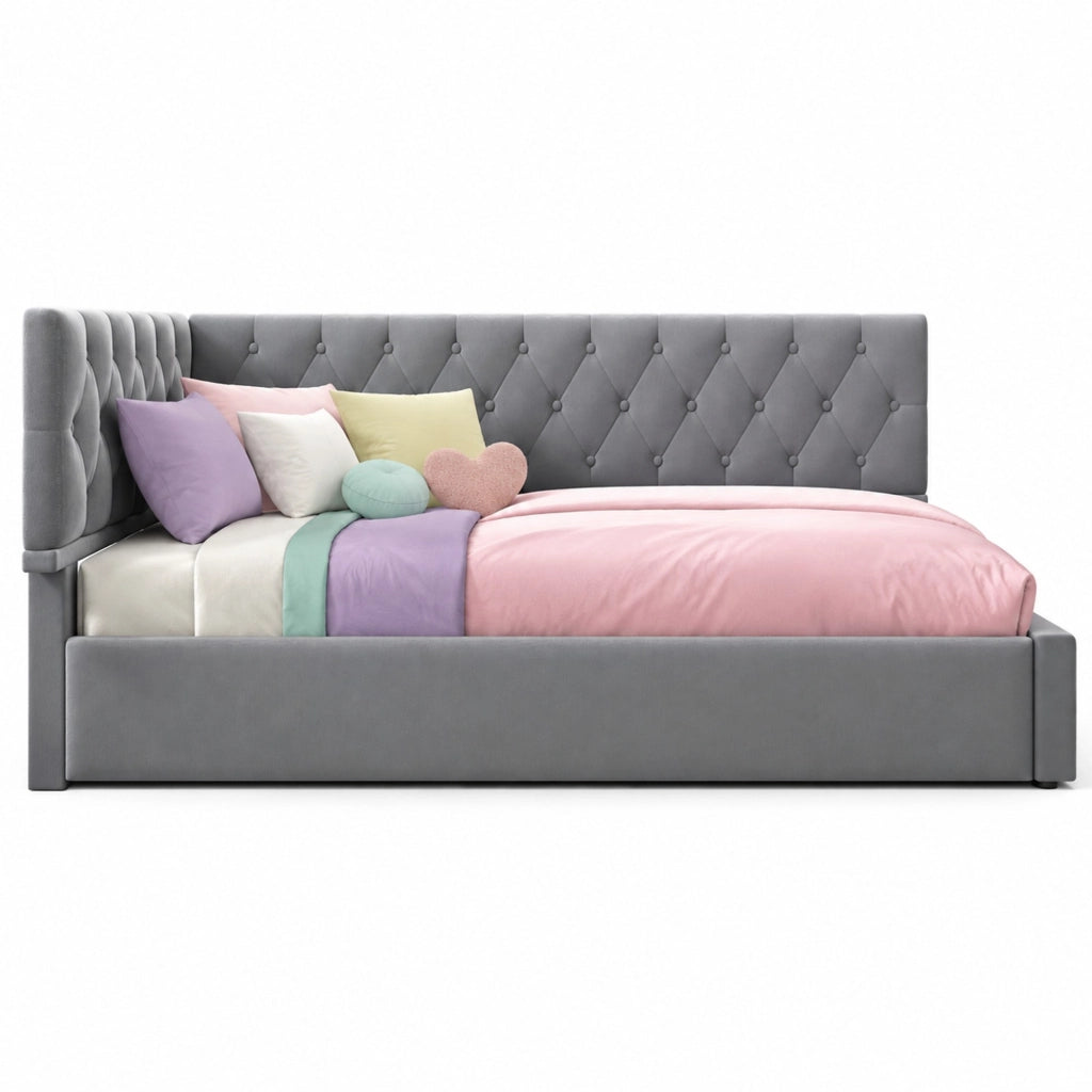 Letto imbottito singolo 90x190 cm con contenitore idraulico; velluto grigio e rete a doghe