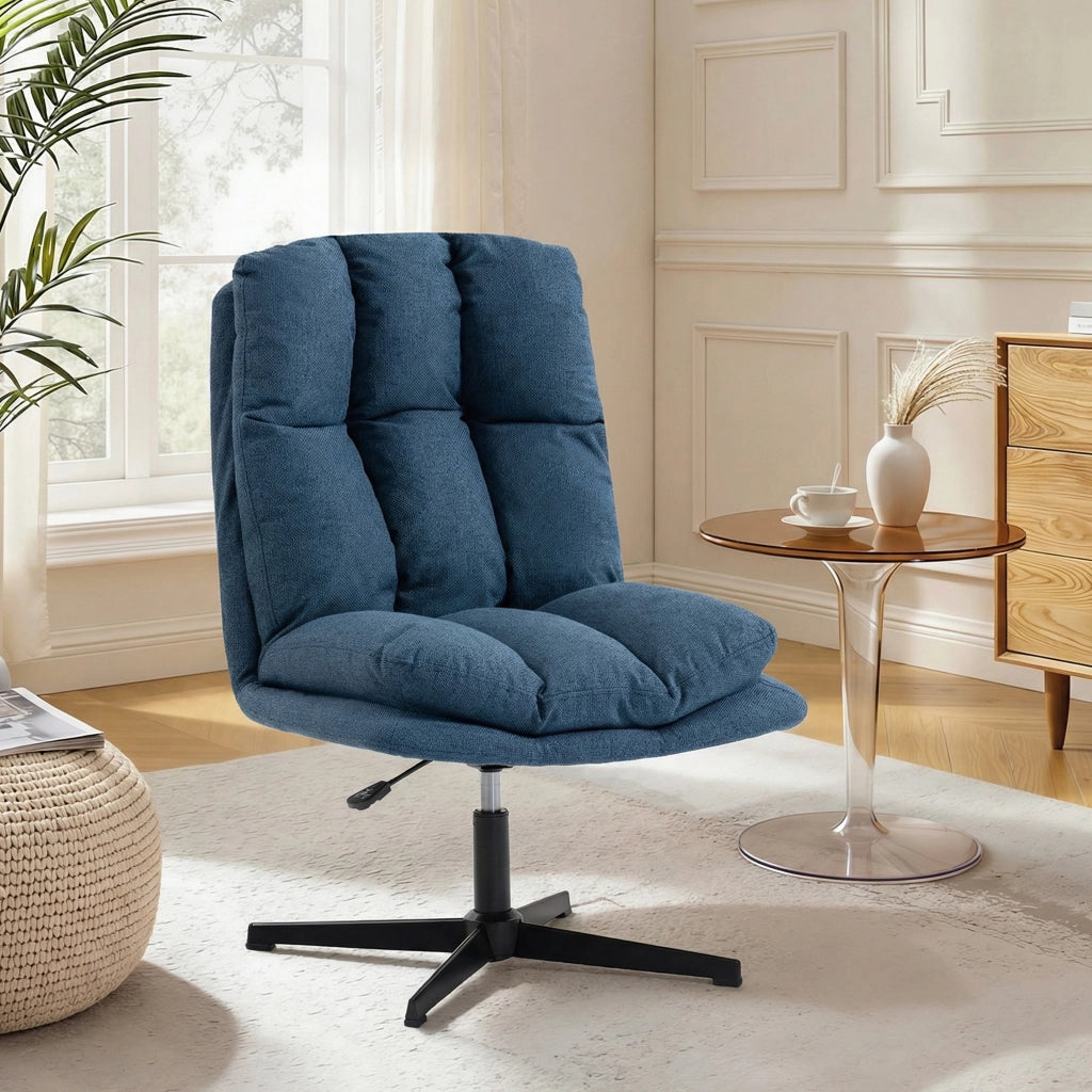 Poltrona Girevole 360¡ã ¨C Xylo ¨C Tessuto Lino Blu Scuro Base Metallo Altezza Regolabile