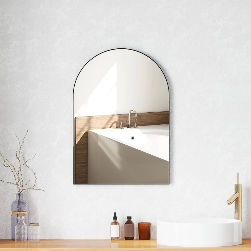 Specchio da bagno curvo, 50 x 70 cm, specchio da bagno con cornice in alluminio, specchio decorativo, cucina, nero