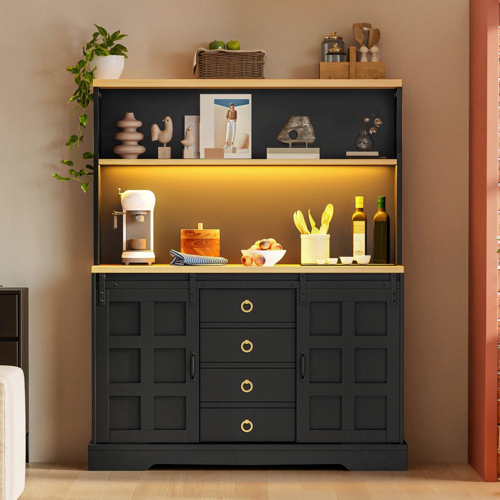 Credenza e madia con 2 ante scorrevoli, 4 cassetti e LED RGB, per cucina e sala da pranzo, nero, 120 × 40 × 150 cm