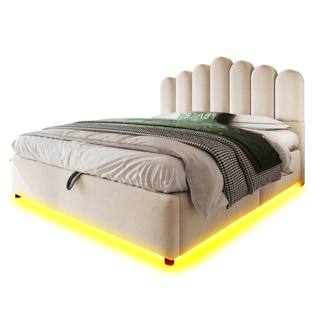 Letto imbottito 140x200 cm con contenitore idraulico, testiera imbottita, LED e rete a doghe, in velluto beige