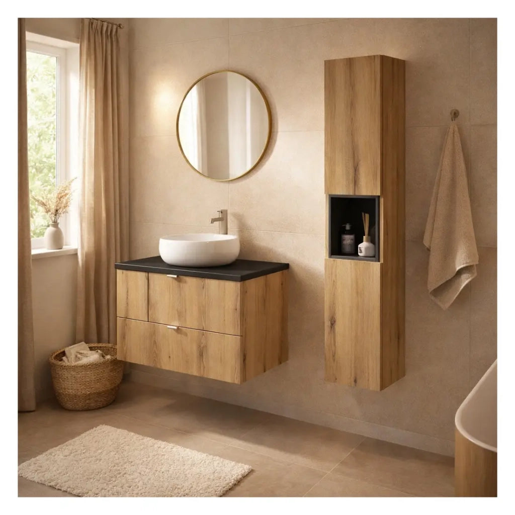Set da bagno VANO in rovere e nero 110cm: mobile sottolavabo con cassetti + piano per lavabo + colonna