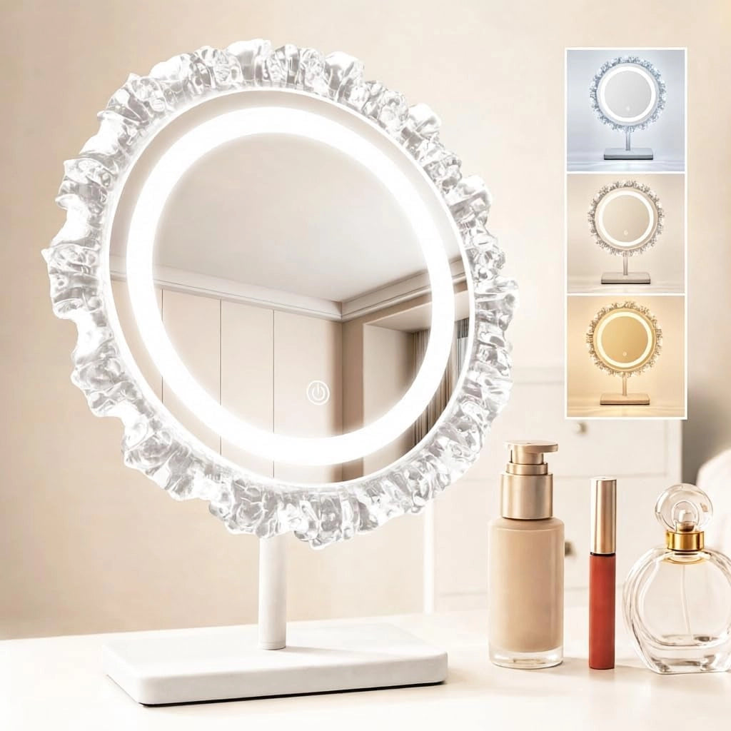 ZMH Specchio da trucco illuminato LED da tavolo per interni Rotondo Hollywood 30x38cm Specchio per toeletta
