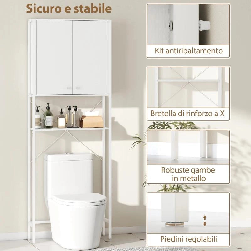 MOBILE BAGNO SOPRA WC E LAVATRICE CON ARMADIETTO E RIPIANO APERTO, 64X20X180 CM, BIANCO