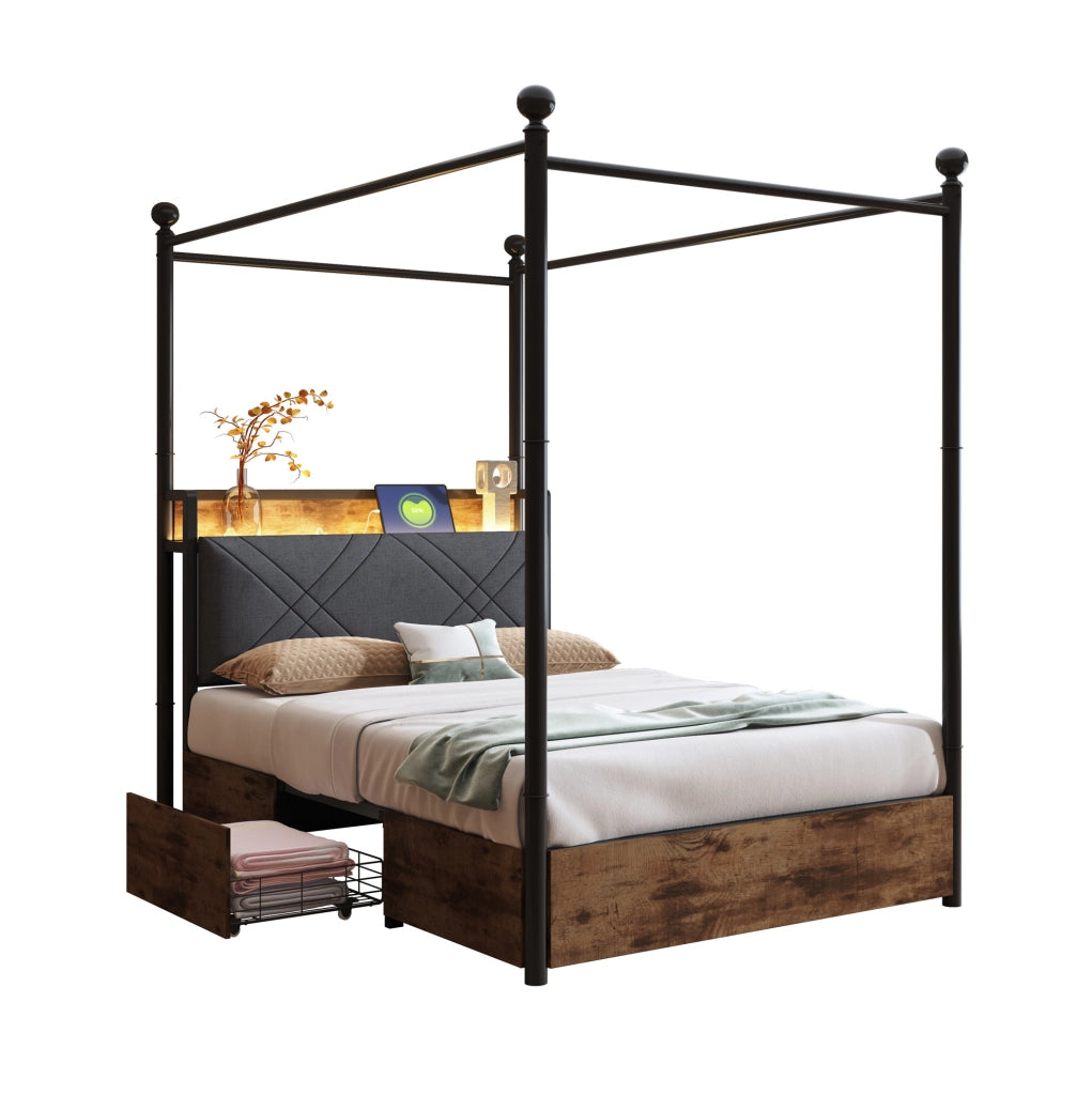 Letto singolo multifunzione 90x190 cm con baldacchino removibile; LED; USB e struttura nera in metallo