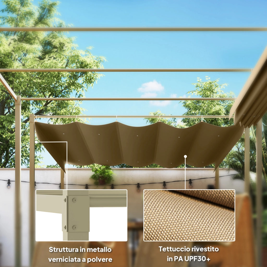 Gazebo Pergola 3x3 m con Tettuccio Retrattile, 8 Viti e 8 Picchetti, in Poliestere 180g e Metallo, Cachi