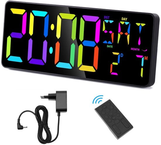 Orologio Digitale per Parete con Schermo RGB di 13,6", Comando a Distanza, Display a 11 Colori, Doppio Allarme, Timer Count-Up/Down, Regolazione del Volume, Orologio LED per Ufficio/Casa e Camera da Letto