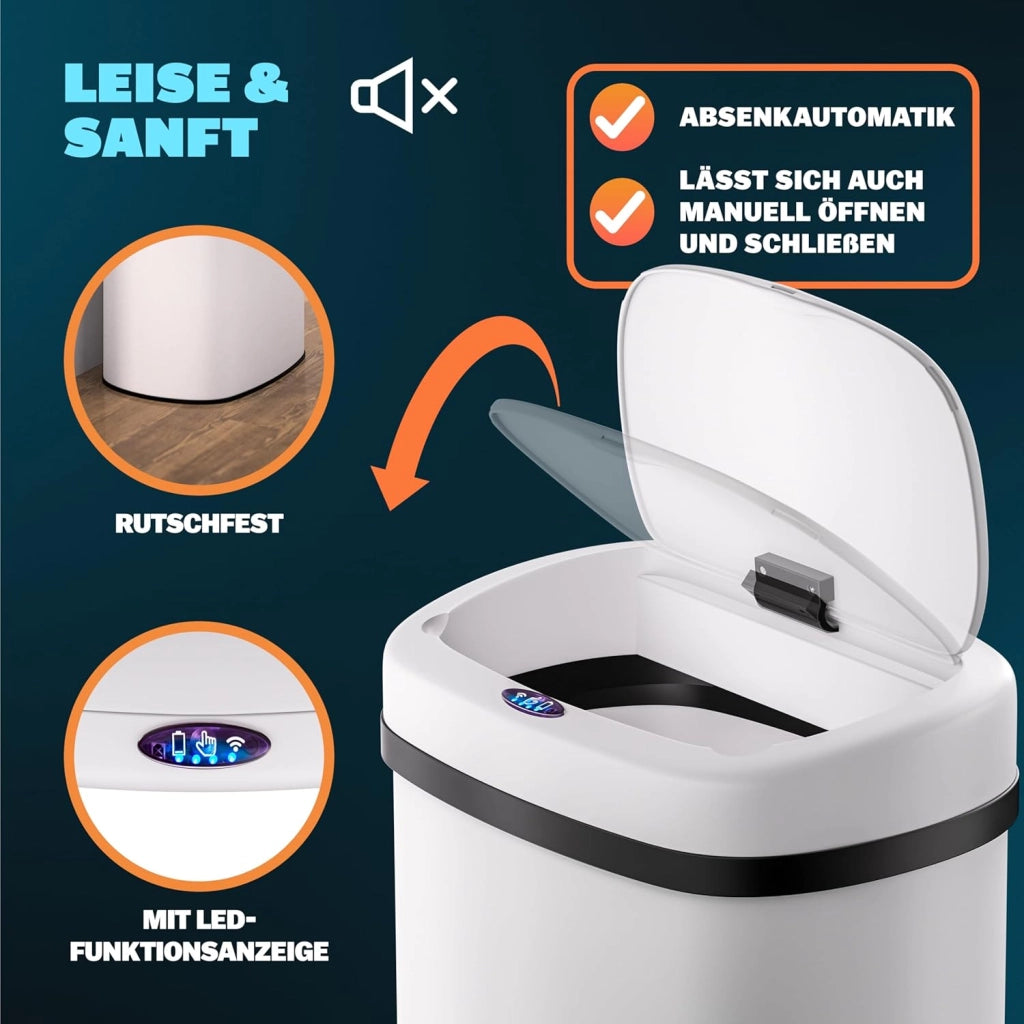 ® Cestino per Rifiuti con Sensore 50L in Acciaio Inox Pattumiera con Fissaggio Coperchio incl. Cavo USB Secchio Display LED