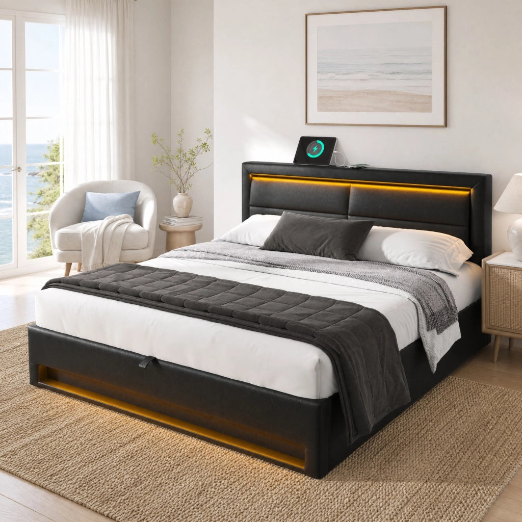 Letto imbottito 140x190 cm con USB, LED e vano contenitore, PU nero
