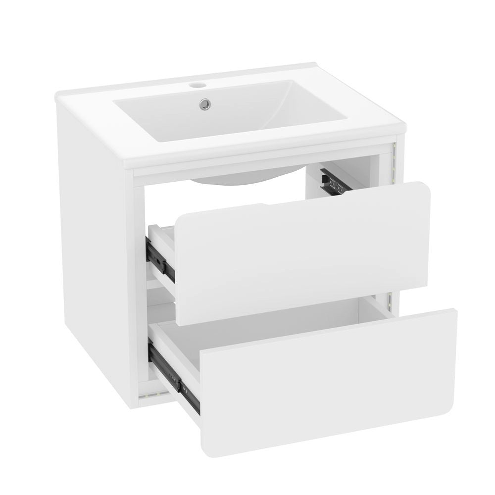 Armadio da bagno sospeso - Xylo - 60 x 46 x 50 cm - Bianco - LED radar, due cassetti, lavabo integrato