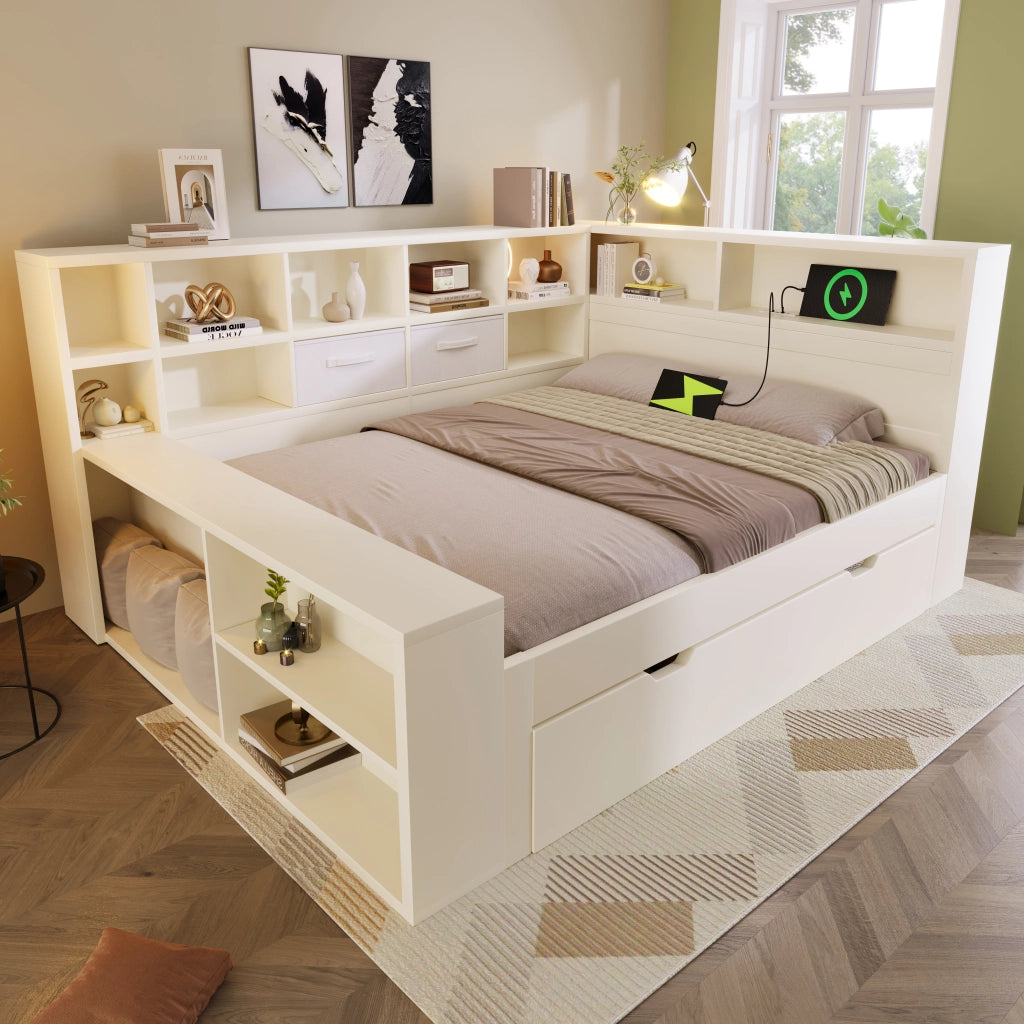 Letto estraibile 140 × 200 cm et 90 × 190 cm, 8 vani contenitore, 3 USB et 1 Type-C, senza materasso, bianco