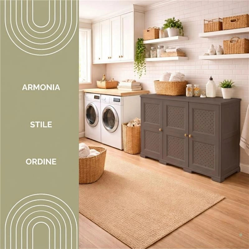 ARMADIO 3 ANTE WENGÉ 118X43X85,5 CM CON PUNTALI E ANTE TRAFORATE – MOBILE COMPATTO SALVASPAZIO PER INGRESSO E ZONA LIVING