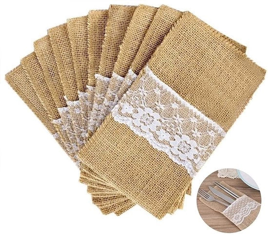 Serviette di Juta 10 pz - Juta con Borde - Riciclabile - Matrimonio/Natale - 11cm x 21cm - Facile da Pulire - Borsa per Coperti
