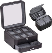Cassetto orologio in legno di 6 compartimenti con 2 scatole per orologi e vetrata - Organizzatore di cassetti orologio in legno con coperchio vetrato (Nero/Grigio)