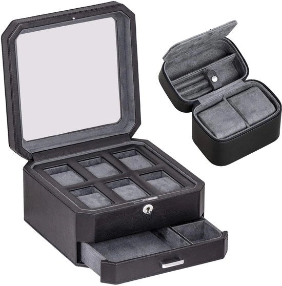 Cassetto orologio in legno di 6 compartimenti con 2 scatole per orologi e vetrata - Organizzatore di cassetti orologio in legno con coperchio vetrato (Nero/Grigio)