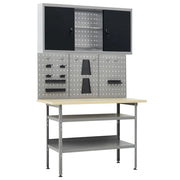 Banco da lavoro da 120 cm con 3 pannelli a parete e 1 mobiletto da officina tavolo da lavoro grigio/nero 02_0003659