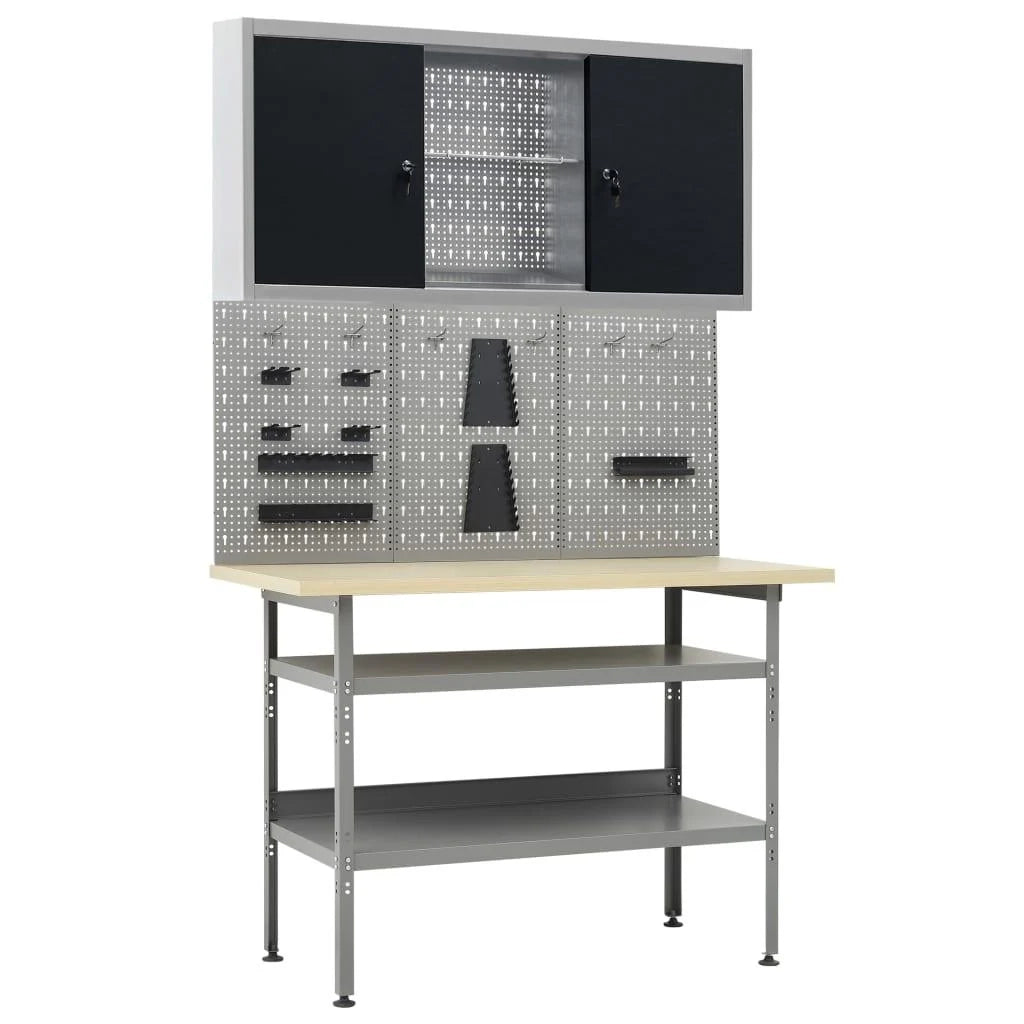 Banco da lavoro da 120 cm con 3 pannelli a parete e 1 mobiletto da officina tavolo da lavoro grigio/nero 02_0003659