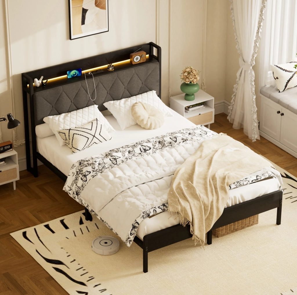 Letto imbottito 140x190 cm con contenitore; LED e USB in lino nero e grigio